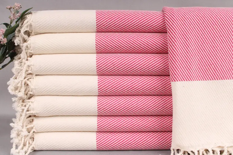 Turkish Towels Beach Monogrammed Fuchsia Striped Bath Towel, Beige, 40x71 Inches