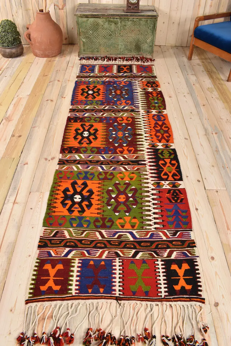 Red & Orange Striped Rug, 2,8x8,6 ft Geometric Design