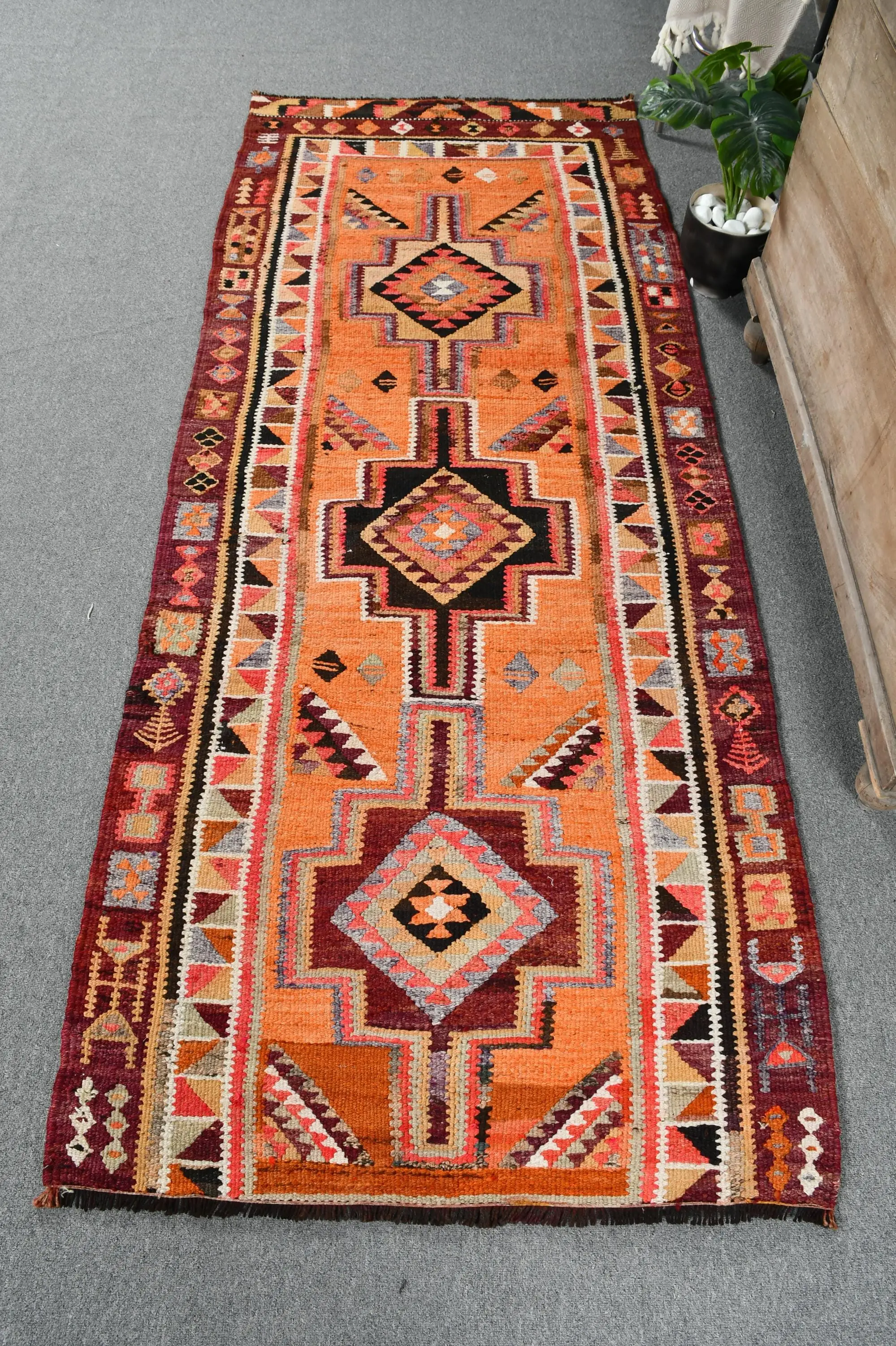 Turkish Vintage Kilim Runner Rug 3x7.5 ft, Red Animal Print Rug Wool - 1
