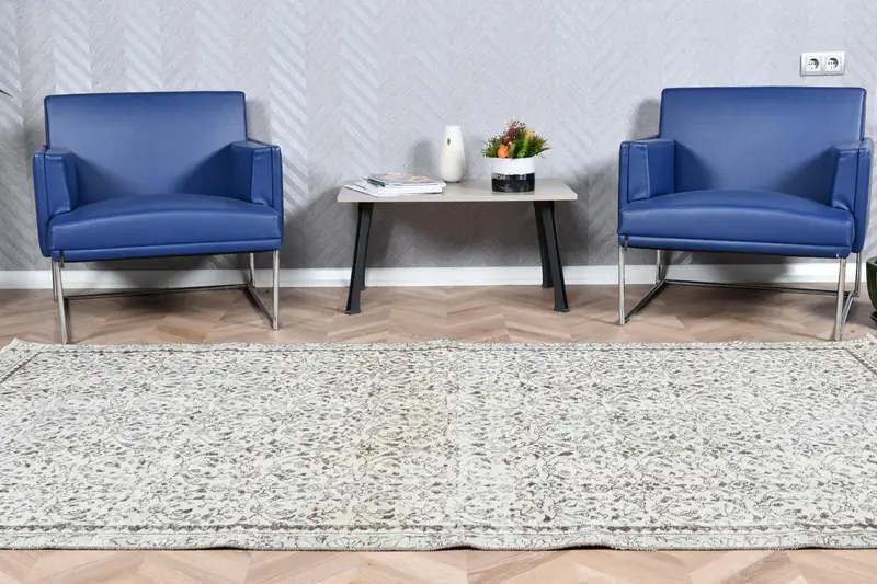 Alfombra vintage grande de 5x8,4 pies, alfombra turca, alfombra de lana a cuadros gris negro - 1