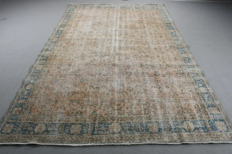 Leuchtender orange-blauer Teppich, 6,7 x 10,5 Fuß großes botanisches Design