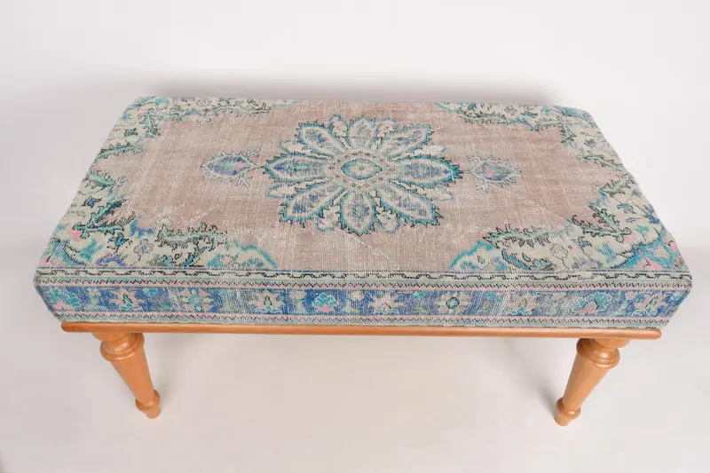 Modular Kilim-Inspired Ottoman, Blue and Pink Wool Blend Ottoman