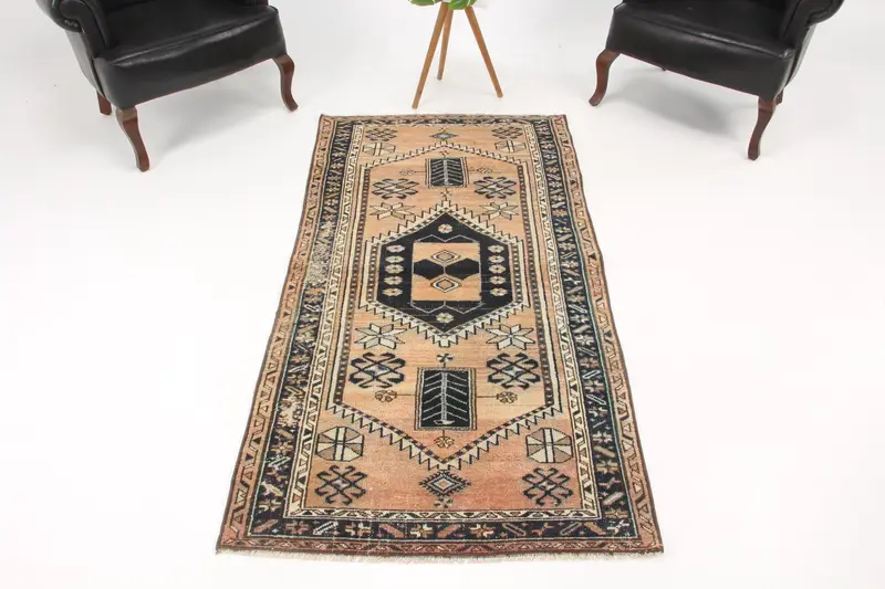 Vintage Türk Vurgulu Halı 3.2x6.3 ft, Kahverengi Mavi Oryantal Yün Halı - 1