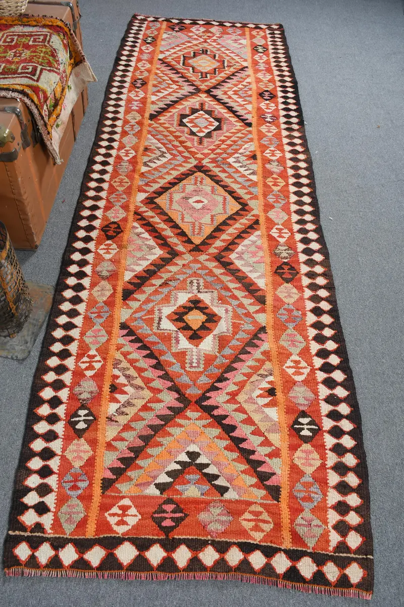 Kırmızı & Kahverengi Halı, 3x10 ft Bitki ve Ağaç Desenli