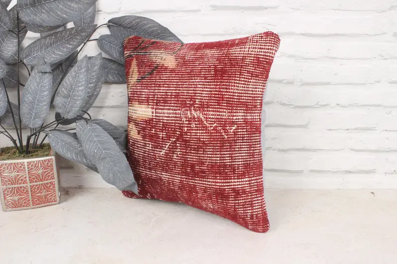 Handmade Kilim Cushion, 14x14 Red Pillow Case, Pillow for Sofa, Authentic Cushion, Kilim Pillow Cover, Pillow Sham, Colorful Pillow Cover - 4