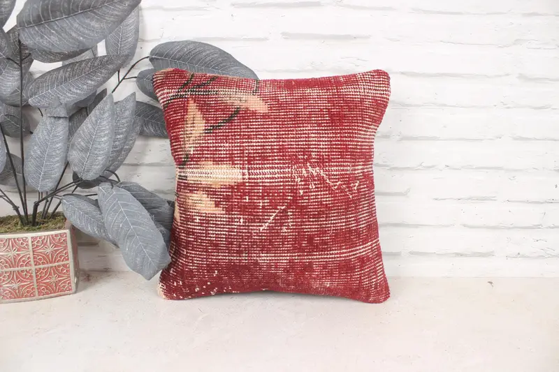 Handmade Kilim Cushion, 14x14 Red Pillow Case, Pillow for Sofa, Authentic Cushion, Kilim Pillow Cover, Pillow Sham, Colorful Pillow Cover - 1