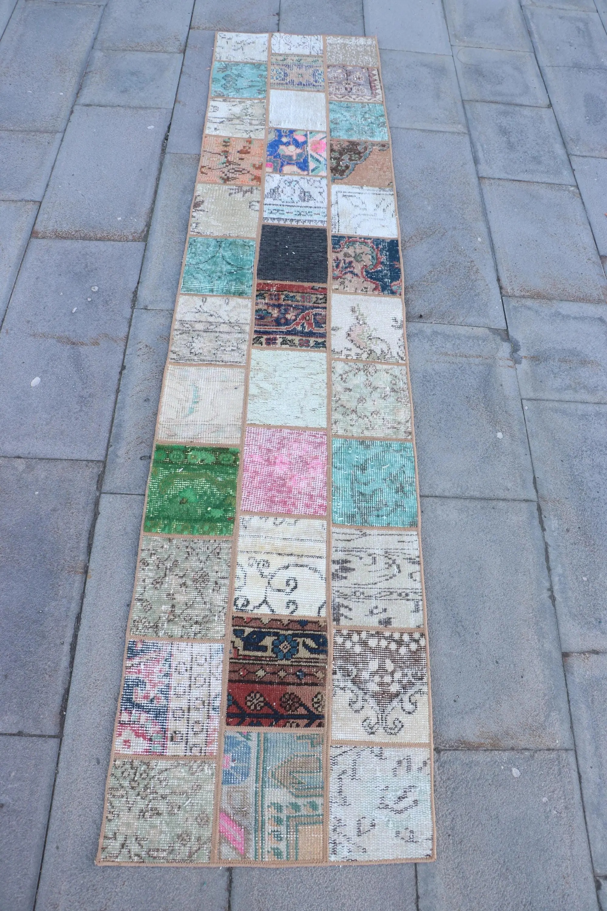 1.8x8 ft Turkish Rug, Vintage Rug, Brown Striped Wool Rug - 1