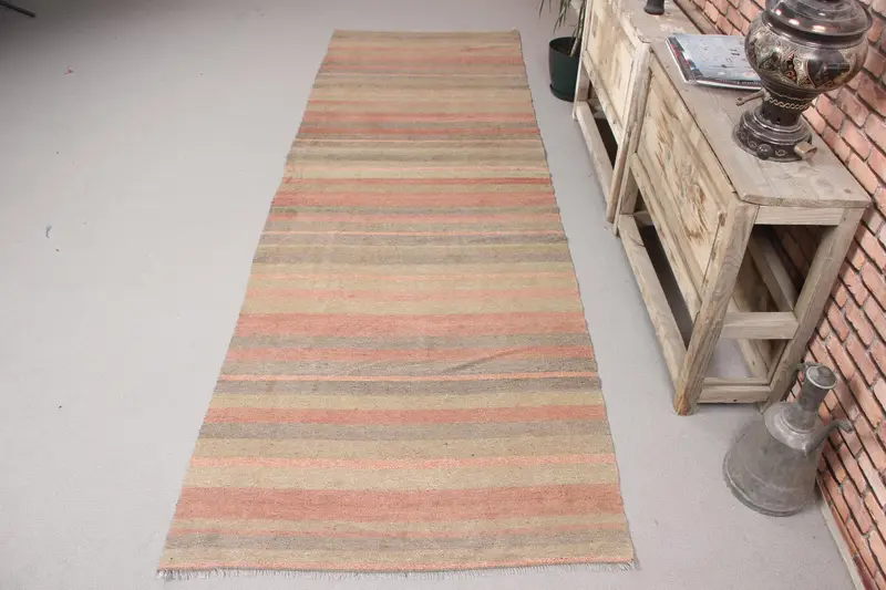 Green & Orange Rug, 3,1x9,9 ft Striped Geometric Design