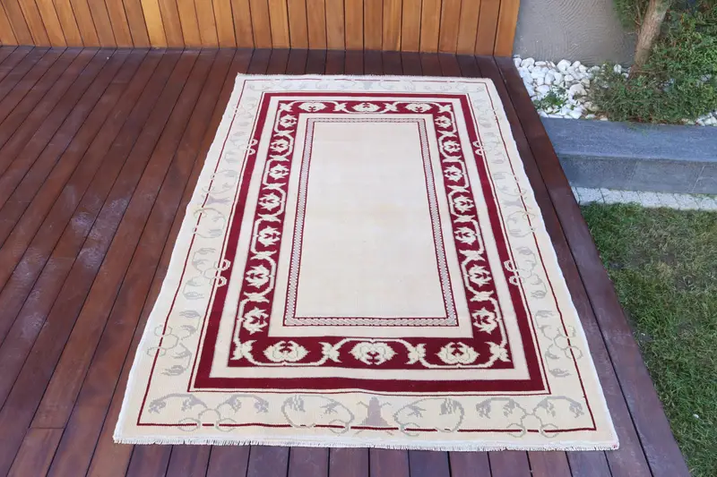 4x5.9 ft Halı, Türk Vintage Halısı, Beyaz Kırmızı Oryantal Yün Halı - 1