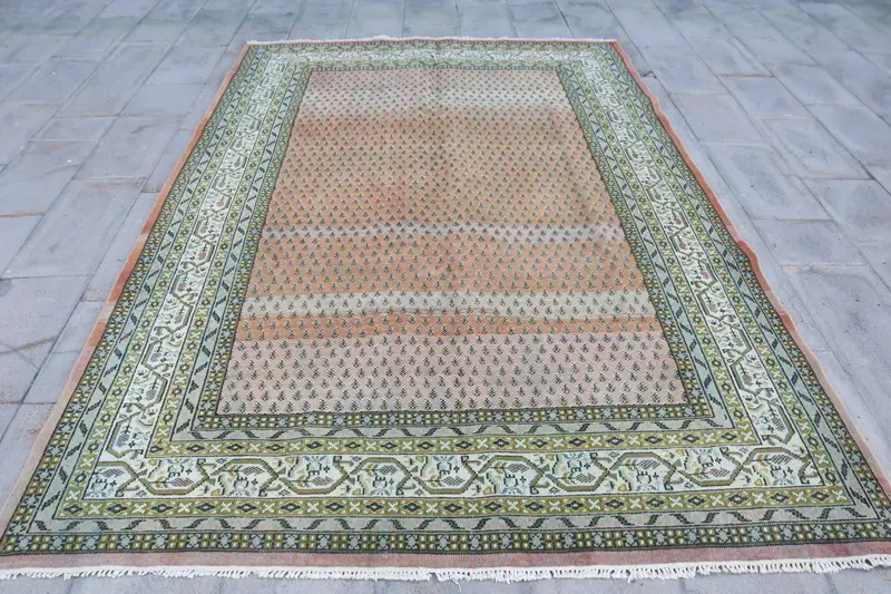 6.4x9.9 ft Large Vintage Rug, Turkish Rug, Brown Green Oriental Wool Rug - 1