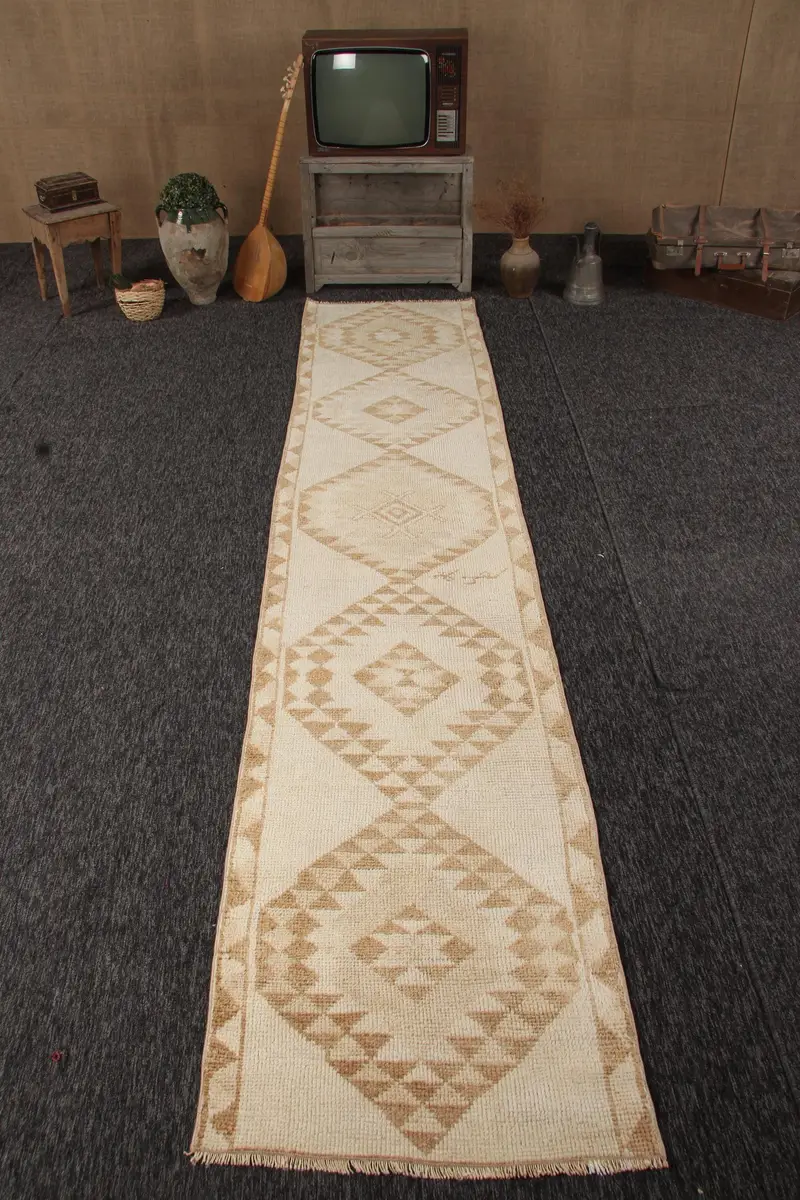 Turkish Vintage Rug, 2.6x12.6 ft Runner Rug, Beige Brown Striped Rug - 1