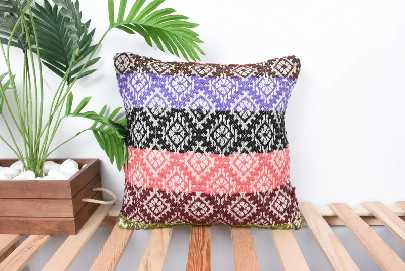Outdoor Bolster Pillow Case, Kilim Pillow Cover, Cushion, Turkish Pillow, Accent Cushion Cover, 16x16 Pink Pillow, Interior Designer Pillow - 1