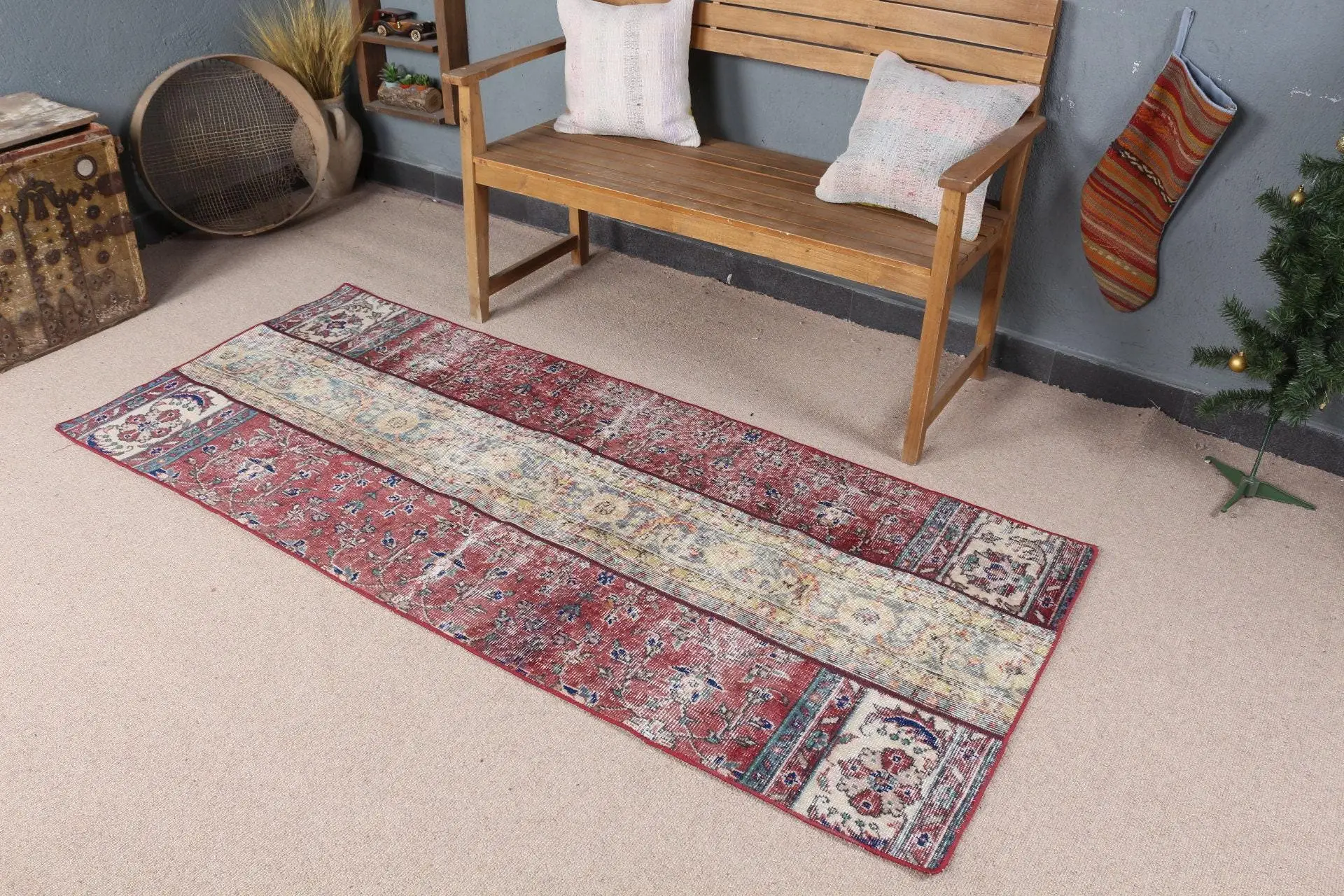 Alfombra turca decorativa 90x208 cm (3x6,8 pies), alfombra vintage a rayas rojas - 1