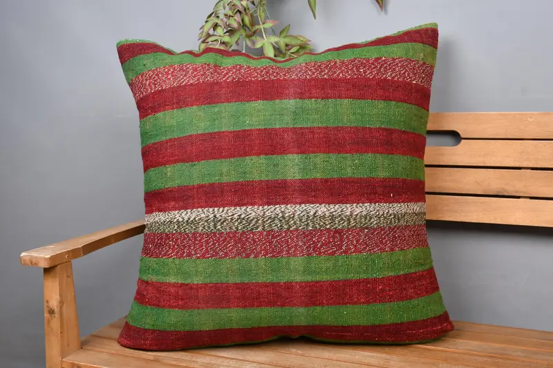 Green & Red Striped Throw Pillow, 28x28 Embroidered Vintage Pillow