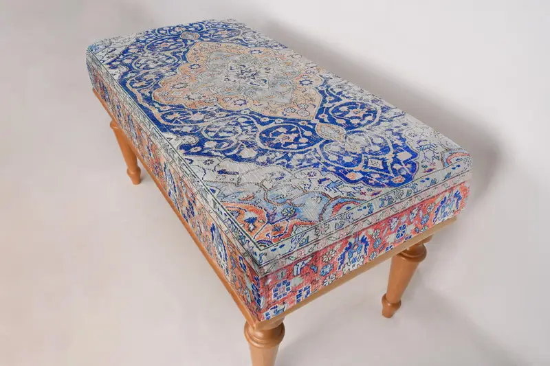 モジュール式キリム風オットマン、多用途ベージュウールブレンドオットマン