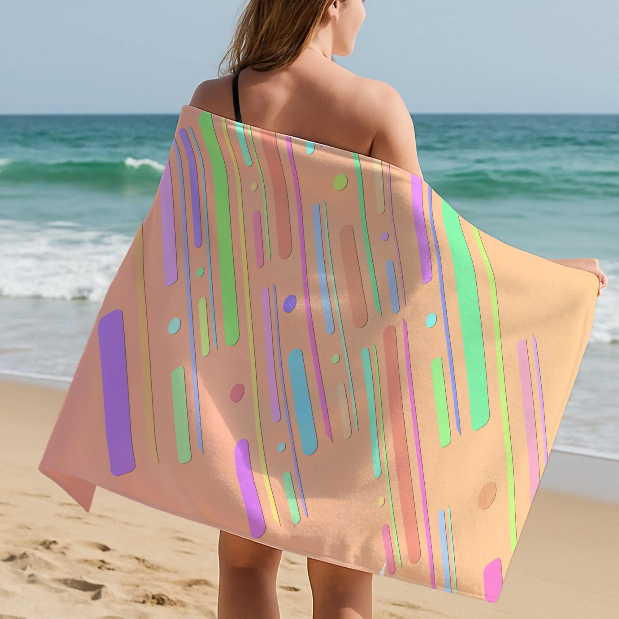 Colorful Striped Beach Towel Organic Cotton, Pastel Lines Design, 28x53 Inches - 1