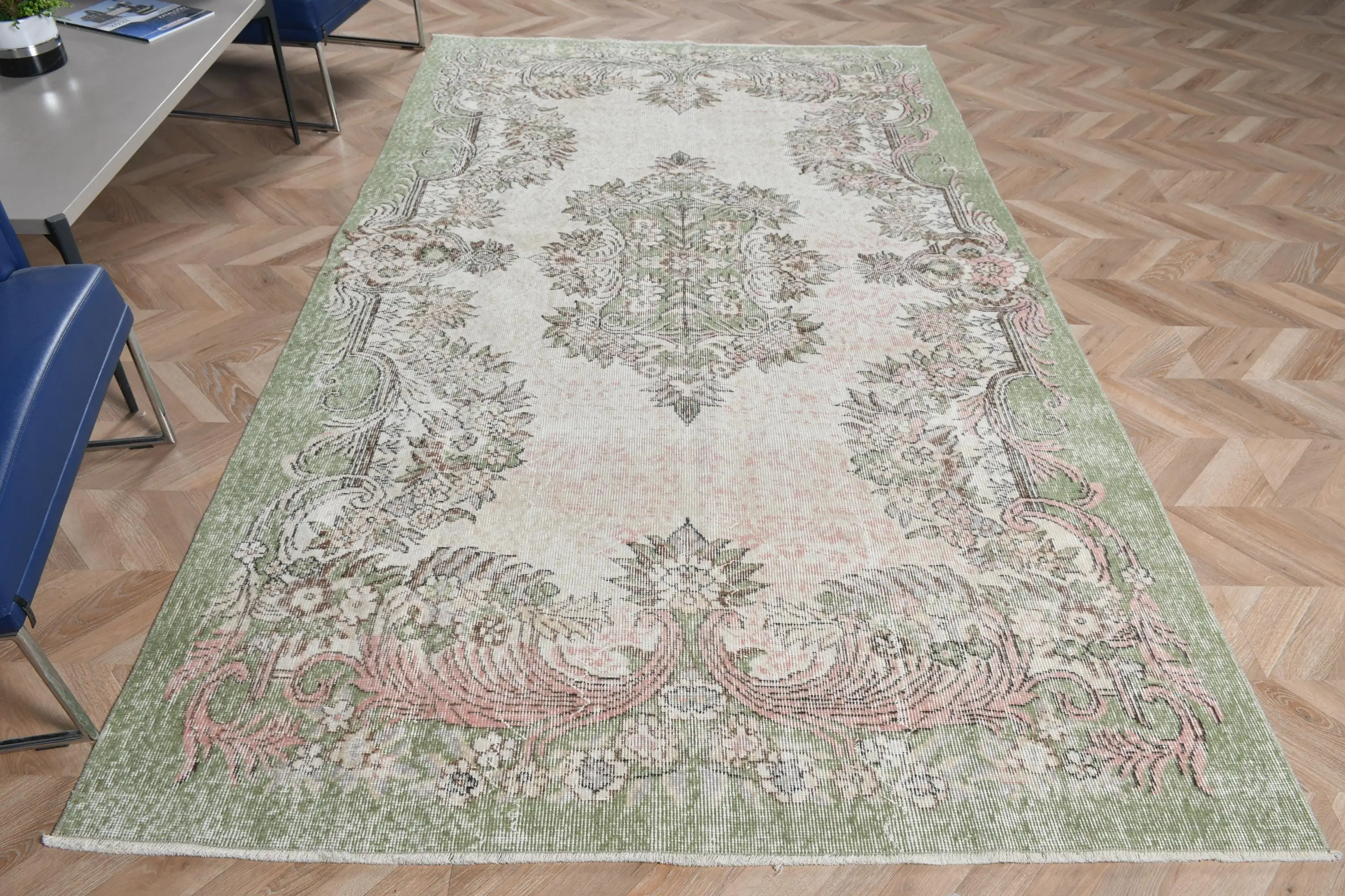 5.6x9.5 ft Büyük Vintage Halı, Türk Halısı, Yeşil Pembe Oryantal Yün Halı - 1