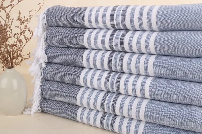 Turkish Beach Towel Blue-Navy Stripes Organic Cotton, 40x67 Inches