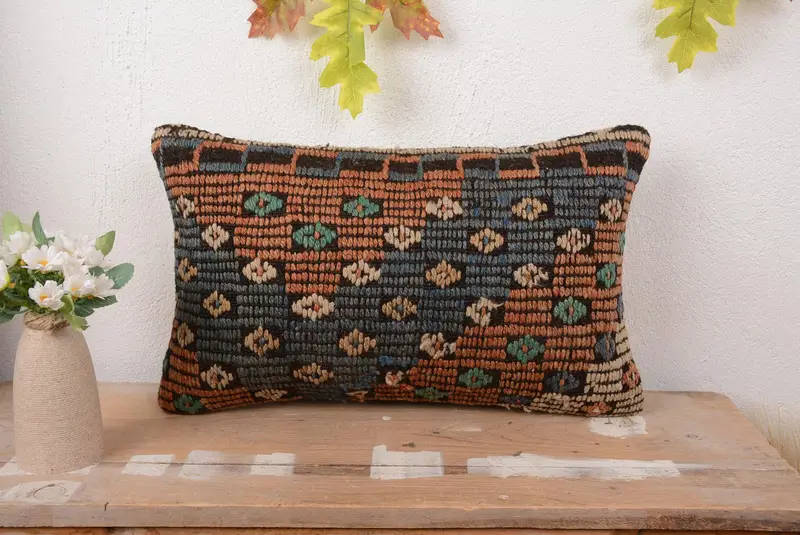 Mavi ve Turuncu Güneybatı Kırlent, El Yapımı İşlemeli Dikdörtgen Yastık