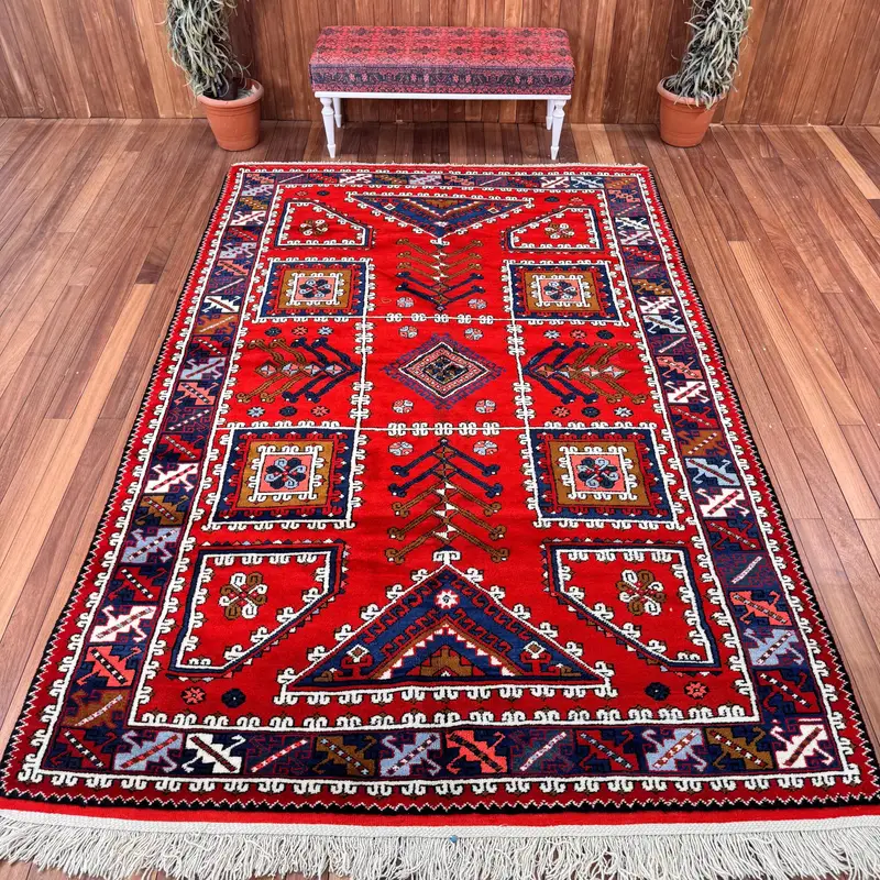Turkish Oushak Rug 6.7x10.4 ft, Red Blue Floral Wool Vintage Rug - 1
