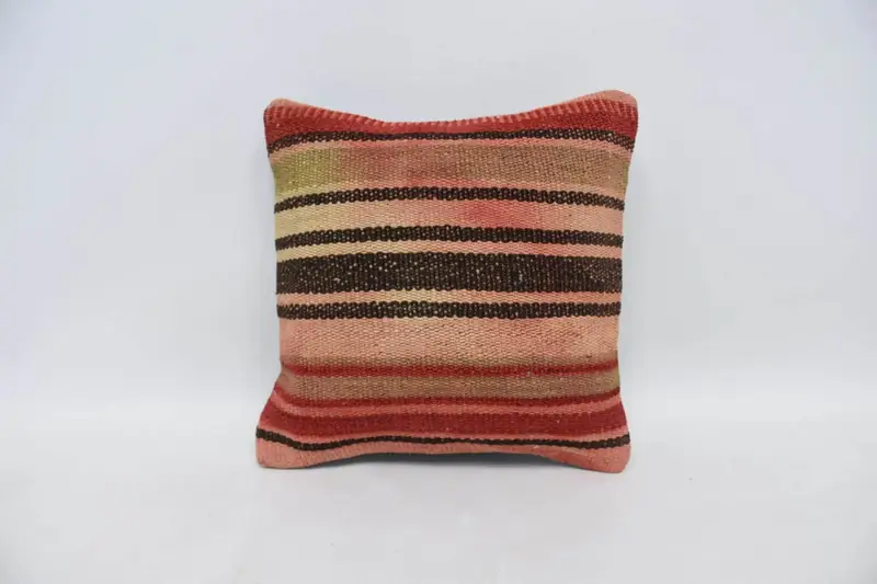 Red Throw Antique Cushion Case, 14x14 inch Gift for Her Small Square Striped Cushion - 1