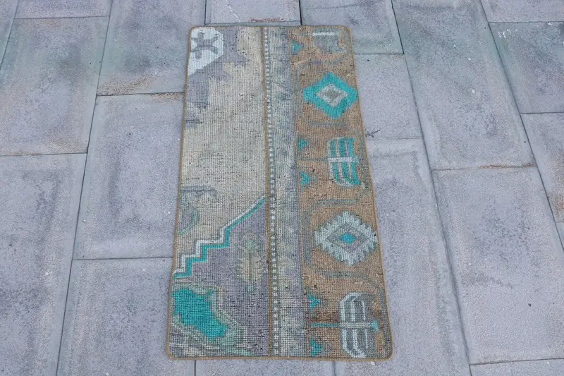 Turkish Rug, Small 1.6x3.2 ft Vintage Rug, Blue Gray Striped Wool Rug - 1
