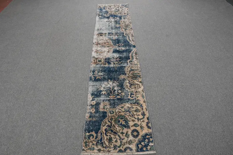Vintage 1.7x8.2 ft Rug, Runner Turkish Rug, Blue Brown Abstract Rug - 1