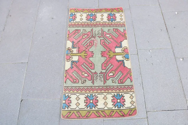 Vintage Rug, 1.7x3.3 ft Small Turkish Rug, Oushak Red Blue Animal Print Rug - 1