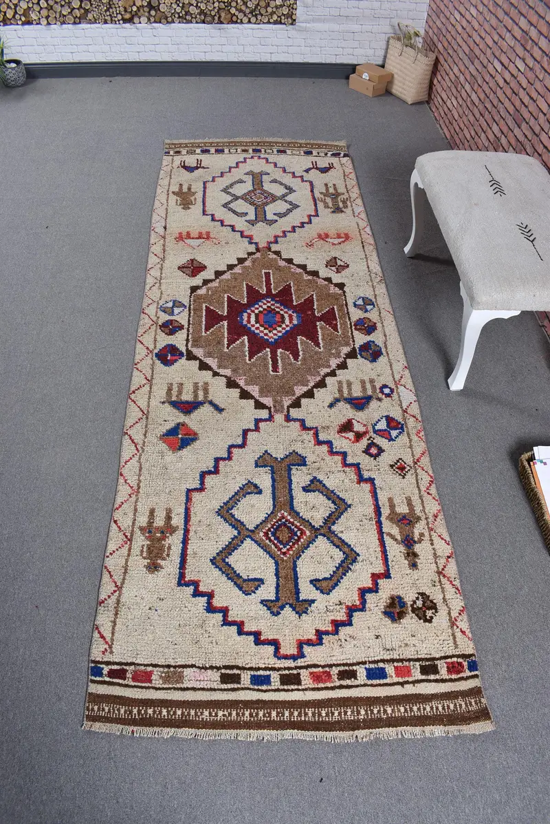 Vintage türkischer Teppich 3,2x9,8 ft (98x300 cm), Herki Brown Check Rug - 1
