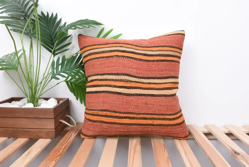 Boho Pillow, Ethnic Pillow Cover Pillow Case, Cushion Cover, Antique Pillows, Boho Pillow Sham Cover, 18x18 Orange Cushion Case, Ikat Cushion Case - 1