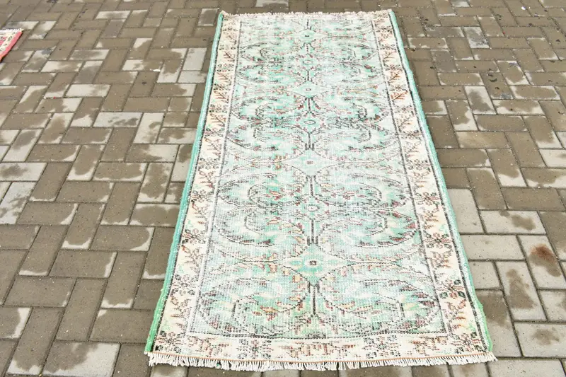 Vintage Türk Halısı 3,1x6,1 ft (95x185 cm), Oushak Yeşil Yün Halı - 1