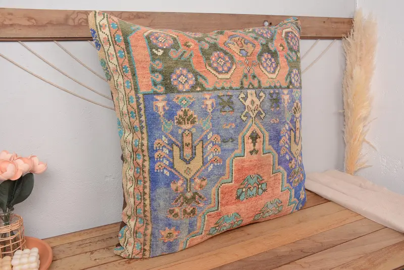 Blau & Grün besticktes Wurfkissen, Vintage Florales quadratisches Kissen