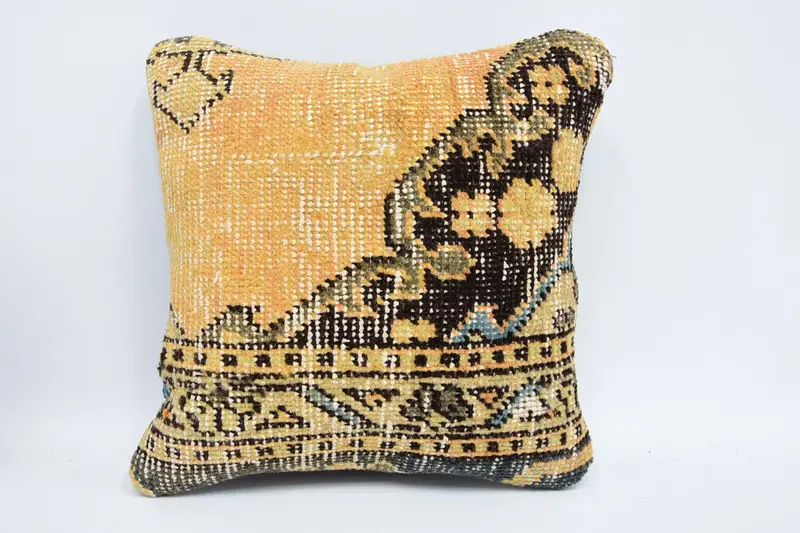 Kilim Pillow, Antique Pillows, Kilim Cushion Sham, Pillow Cover, 12x12 Yellow Cushion Case, Ethnic Pillow - 1