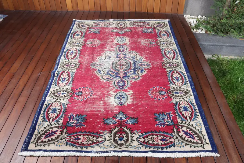 4.5x6.9 ft Halı, Vintage Türk Halısı, Oushak Kırmızı Ombré Halı - 1