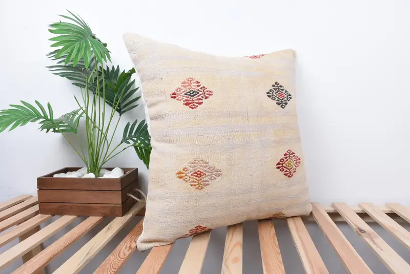 Ethnic Pillow, Pillow Cover, Kilim Pillow Cover, Ethnical Kilim Rug Pillow, Authentic Pillow Case, 24x24 White Pillow Sham, Gift Pillow - 4