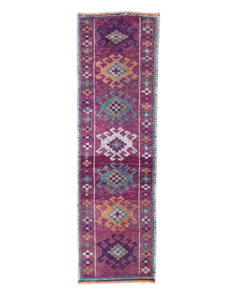 パープルイカットラグ、2.9x10フィート、グリーンアクセント付き