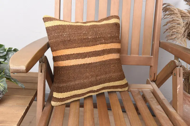 Funda turca antigua beige euro, cojín de regalo para anfitriona de decoración del hogar de lana a rayas - 1