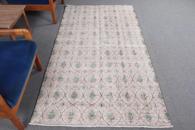 Vintage Türk Halısı, Alan 3.7x6.8 ft (113x206 cm) Halı, Yeşil Çiçekli Yün Halı - 1