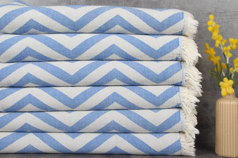 Turkish Towel Sax Blue Zigzag Embroidery, 34x71 Inches