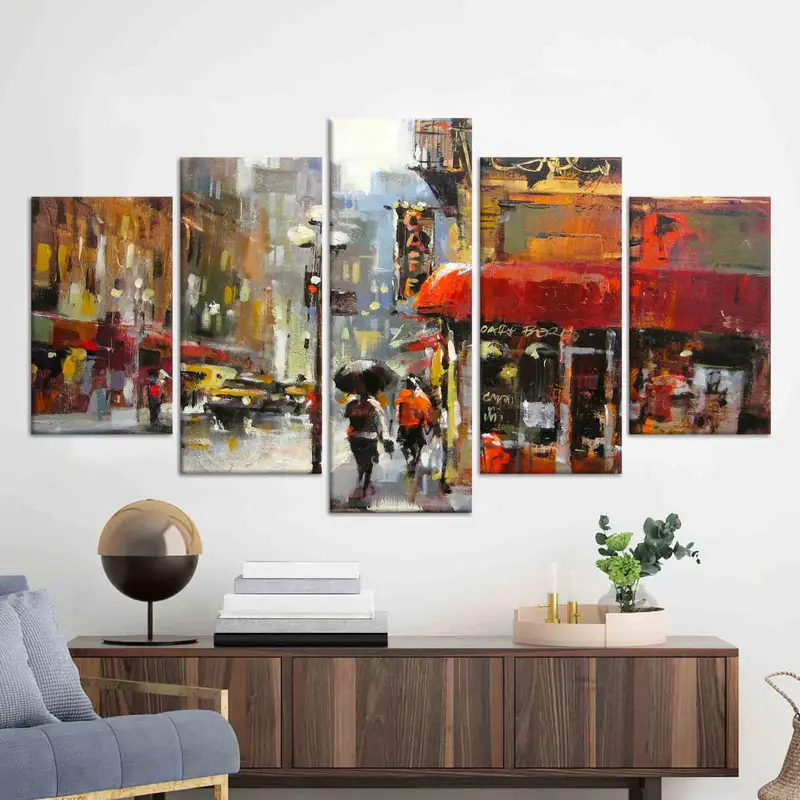 Abstract Canvas, Oil Painting Canvas Art, Rain Art Canvas, The City Canvas Art, Street Cafe Wall Art, Paris Artwork, Gloomy Road Canvas - 2