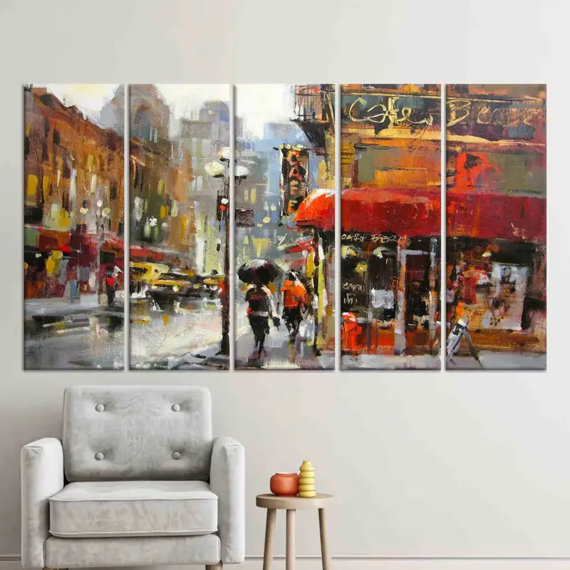 Abstract Canvas, Oil Painting Canvas Art, Rain Art Canvas, The City Canvas Art, Street Cafe Wall Art, Paris Artwork, Gloomy Road Canvas - 8
