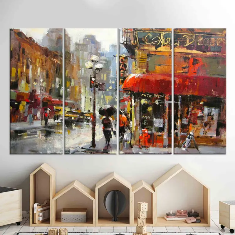 Abstract Canvas, Oil Painting Canvas Art, Rain Art Canvas, The City Canvas Art, Street Cafe Wall Art, Paris Artwork, Gloomy Road Canvas - 7