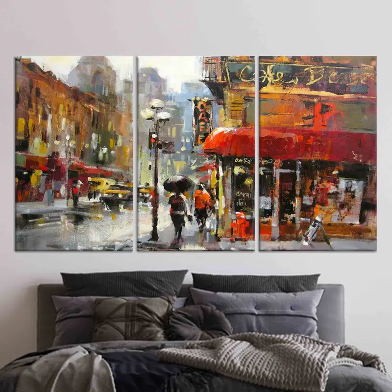 Abstract Canvas, Oil Painting Canvas Art, Rain Art Canvas, The City Canvas Art, Street Cafe Wall Art, Paris Artwork, Gloomy Road Canvas - 6