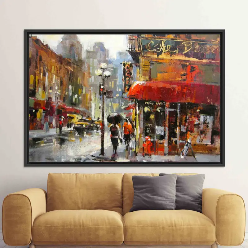 Abstract Canvas, Oil Painting Canvas Art, Rain Art Canvas, The City Canvas Art, Street Cafe Wall Art, Paris Artwork, Gloomy Road Canvas - 9