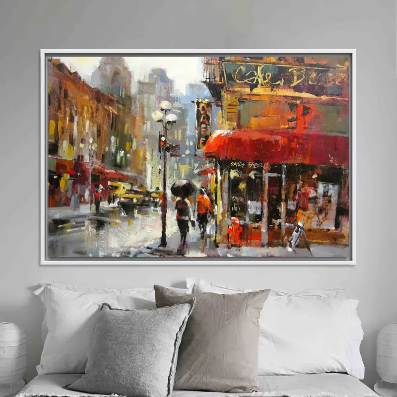 Abstract Canvas, Oil Painting Canvas Art, Rain Art Canvas, The City Canvas Art, Street Cafe Wall Art, Paris Artwork, Gloomy Road Canvas - 3