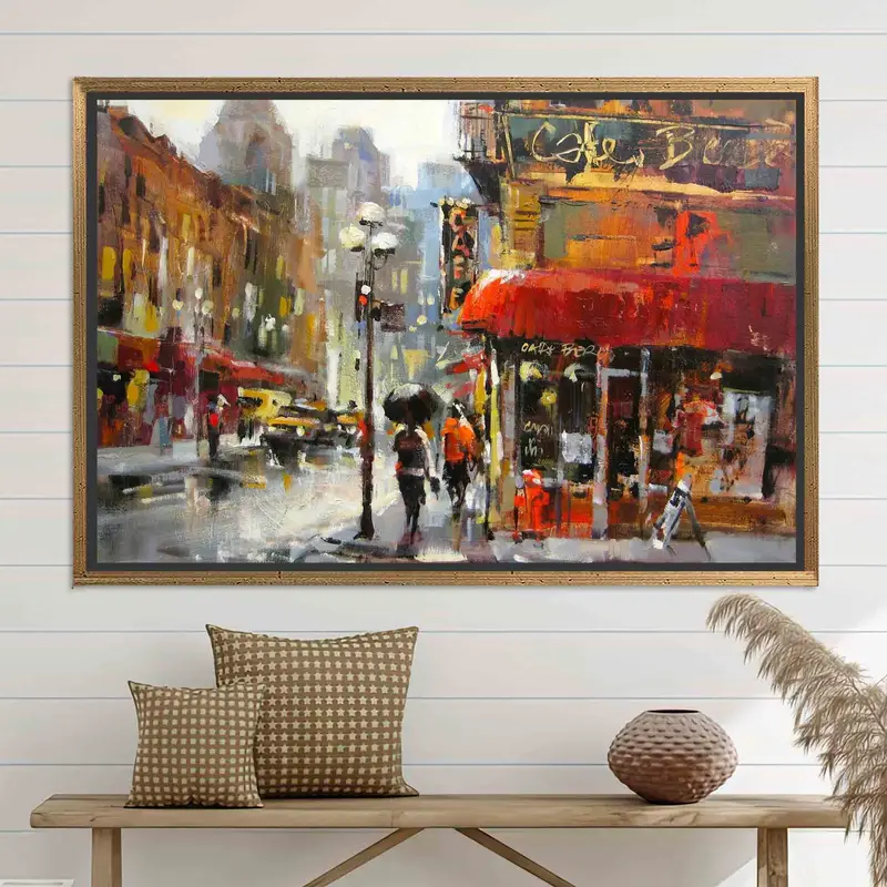 Abstract Canvas, Oil Painting Canvas Art, Rain Art Canvas, The City Canvas Art, Street Cafe Wall Art, Paris Artwork, Gloomy Road Canvas - 4
