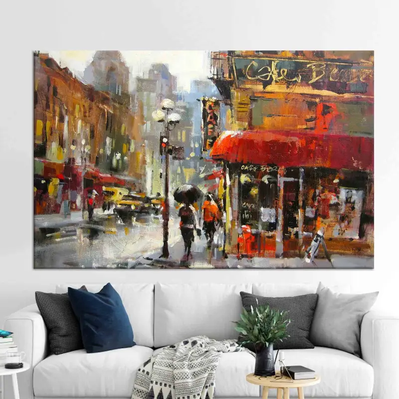 Abstract Canvas, Oil Painting Canvas Art, Rain Art Canvas, The City Canvas Art, Street Cafe Wall Art, Paris Artwork, Gloomy Road Canvas - 1