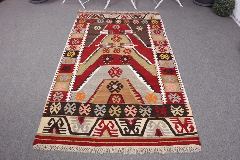 El Yapımı Yeşil ve Kırmızı İran Halısı, 3,6x6,2 ft