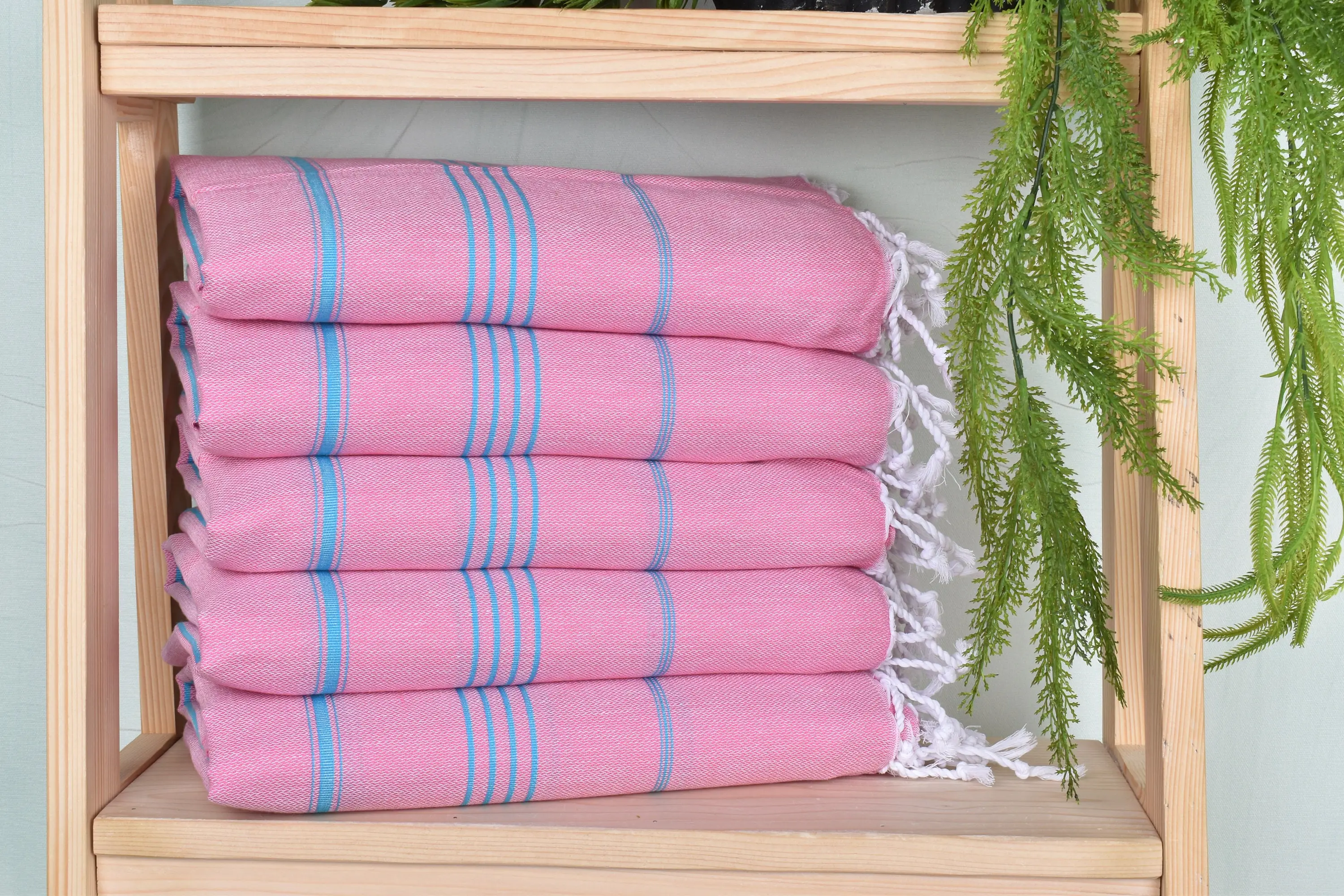 Beach Towel Pink-Turquoise Cotton Monogrammed Striped, 40x71 Inches - 1