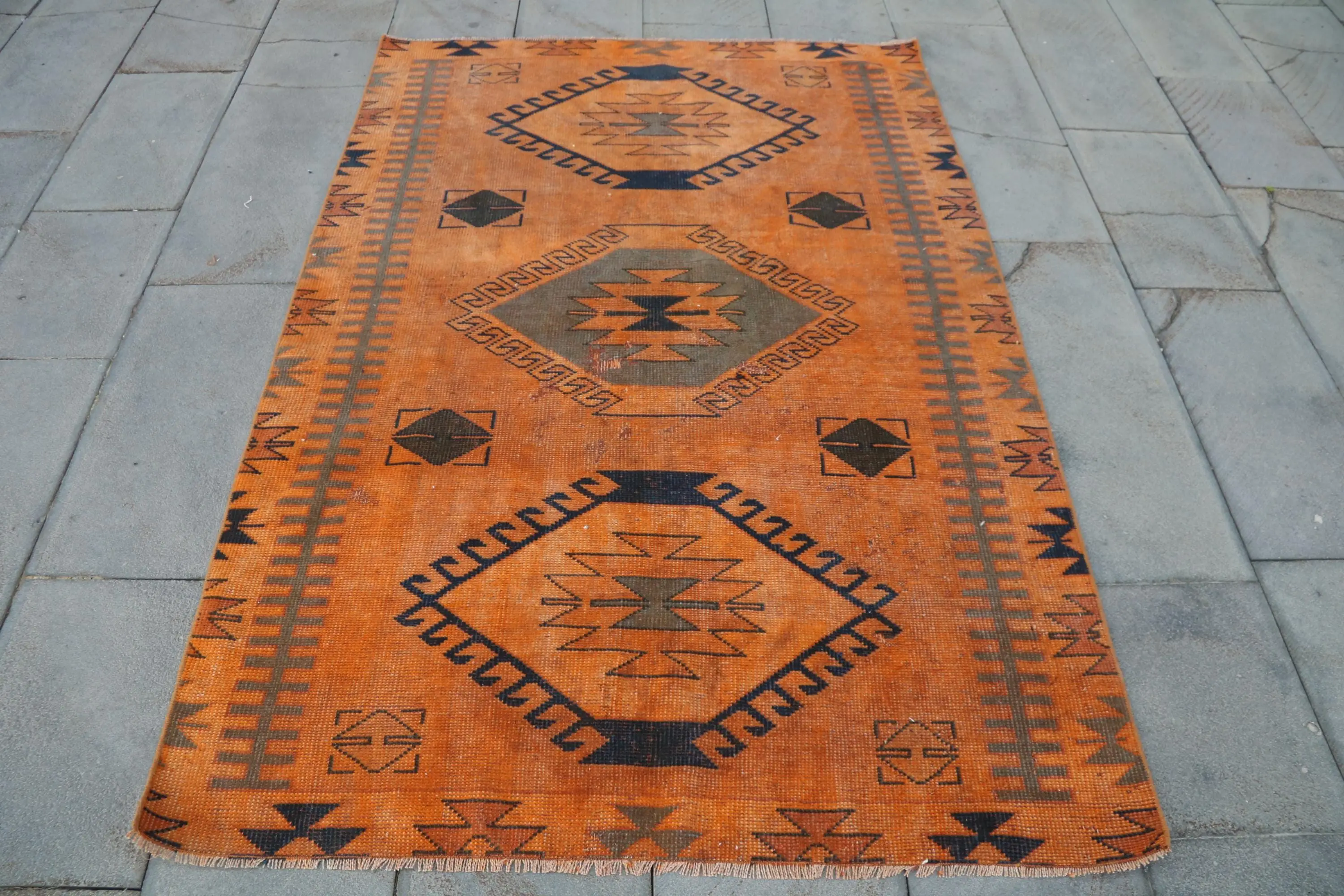Türk Vintage Halı, 4.2x6 ft Halı, Turuncu Siyah Puantiyeli Yün Halı - 1